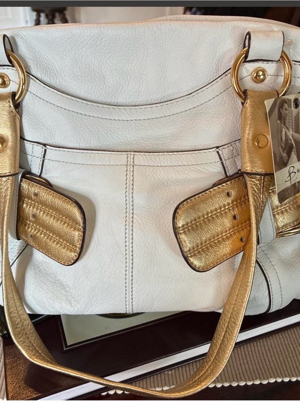 b. makowsky White Leather Shoulder Bag with Gold Accents